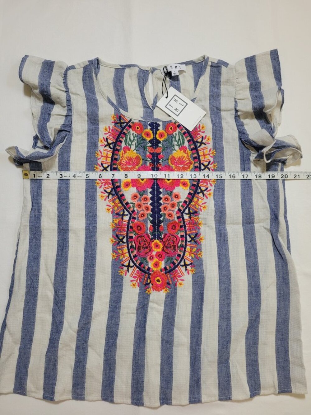THML Floral Embroidered Ruffle Sleeve Boho Top Blue Striped Large NEW Coastal - Picture 6 of 9